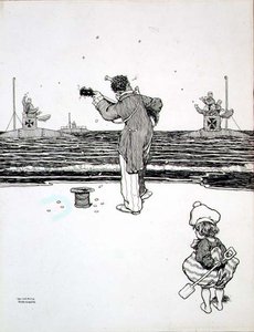 Trocando com o Inimigo nas Areias Yarmouth, de "Some Frightful War Pictures". de William Heath Robinson
