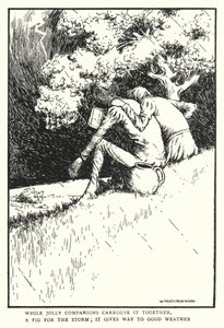Enquanto os companheiros alegremente a cenouram juntos, um figo para a tempestade, ela dá lugar ao bom tempo (litho) de William Heath Robinson