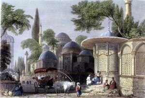 Fonte e Mesquita de Chahzade, gravada por Roberts Sands (1792-1855) c.1850 (aquatint)
