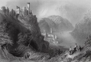 Oberwesel e o castelo de Schomberg (gravura) de William Henry (after) Bartlett
