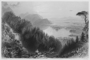 The Lower and Torc Lakes, Killarney, from Torc Waterfall (gravura) de William Henry (after) Bartlett