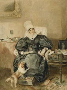 Retrato de uma senhora por uma mesa com um cão (aguarela sobre papel)