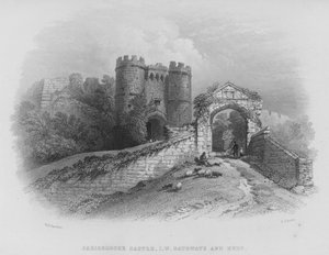 Castelo de Carisbrooke, Isle of Wight, Gateways e Keep (gravação) de William Henry Bartlett