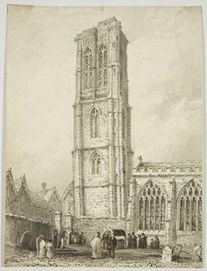 Exterior da Igreja do Templo, mostrando um internamento, c.1825 (lápis e aquarela sobre papel) de William Henry Bartlett
