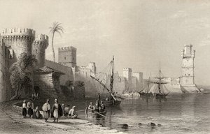 Porto de Rodes, na Grécia, gravado por JC Armytage (1820-97)