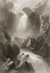 Cabeça do Vale do Diabo, Condado de Wicklow, na Irlanda, de "Cenário e Antiguidades da Irlanda" por George Virtue, década de 1860 (gravura) de William Henry Bartlett