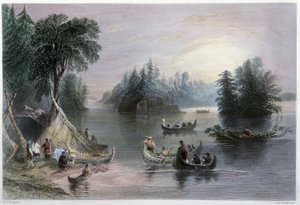 Indian Tipis and Canoes, Banks of the St Laurent - em "Canadian scenery illustrated" por W.H. Bartlett, Londres de William Henry Bartlett