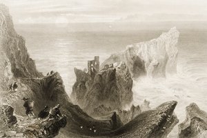 Castelo de Kenbaan, perto de Ballycastle, Condado de Antrim, Irlanda do Norte, de &39;Cenário e antiguidades da Irlanda&39; por George Virtue, década de 1860 de William Henry Bartlett