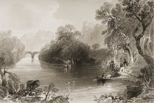 Killarney, Old Weir Bridge, Condado de Killarney, na Irlanda, de "Cenário e Antiguidades da Irlanda" por George Virtue, de 1860 (gravura)