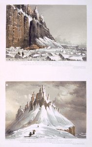 NE Cabo da América e parte da Ilha Leopold (em cima) e Terminação dos Penhascos perto de Whaler Point, Port Leopold (parte inferior) de &39;Dez vistas coloridas tiradas durante a Expedição Ártica de Sua Majestade&39;