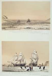 Aparência notável no céu sempre em frente ao sol (em cima) e O Polegar do Diabo, navios entediantes e empenados no maço (parte inferior) de &39;Dez Visões Coloridas tiradas durante a Expedição Ártica de Sua Mãe