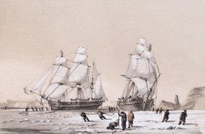 Aparência notável no céu sempre em frente ao sol (em cima) e O Polegar do Diabo, navios entediantes e empenados no maço (parte inferior) de &39;Dez Visões Coloridas tiradas durante a Expedição Ártica de Sua Mãe