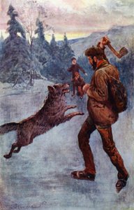"Ele disparou; e o bruto, no momento em que estava fazendo sua mola, caiu, rosnando e assobiando" (cor litho) de William Henry Charles Groome
