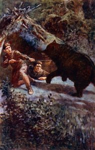 "Eu empurro a lança com todas as minhas forças para o peito do urso" (cor litho) de William Henry Charles Groome