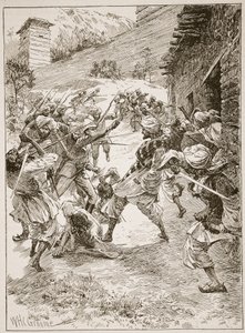 O tenente Harley, à frente de quarenta siques e sessenta caxemires, apressou a casa sobre a boca da mina, ilustração de "Batalhas do século dezenove", de Archibald Forbes, GA Henty an. de William Henry Charles Groome