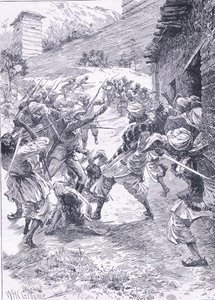 Tenente Harley liderando a sorte de Fort Chitral, ilustração deCassells History of England, de 1900 de William Henry Charles Groome