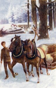 "Alguns se dedicam a derrubar árvores, outros com cavalos arrastando os troncos, colocados em trenós, sobre a neve dura" (cor litho) de William Henry Charles Groome