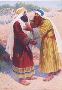 O encontro de Jacó e Esaú, do Livro de Gravuras da Bíblia, publicado por Thomas Nelson, c.1950
