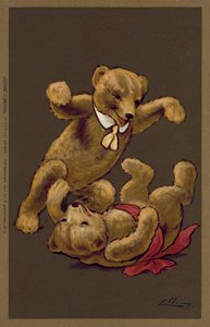 Ursos de peluche de menino e menina a brincar (litografia a cores) de William Henry Ellam