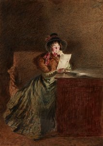 Menina lendo uma carta à luz de lamparina (aquarela e lápis) de William Henry Hunt