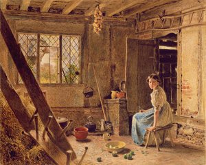The Maid and the Magpie, Uma Casa Interior em Shillington, Bedfordshire, 1834 (wc destacado com branco sobre papel) de William Henry Hunt