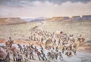 Pioneiros do carrinho de mão mórmon rumo ao oeste de Utah em 1850 (cor litho)