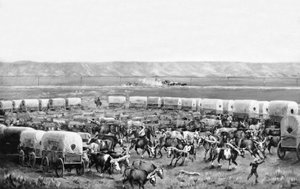 Bois sendo puxados para cima num curral de vagões cobertos num quadro de W. H. Jackson, Scotts Bluff, Nebraska: c. 1875
