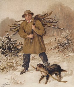 Homem e cão a apanhar lenha (cromolitho) de William Henry James (after) Boot