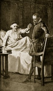 Knox em seu leito de morte, em novembro de 1572, ilustração da "História da nação britânica" de Hutchinson, c.1923 de William Henry Margetson