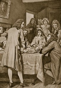 Paterson explica o esquema de Darien em Edimburgo, 1694, ilustração da "História da nação britânica" de Hutchinson, c.1923 de William Henry Margetson