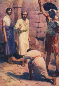 Paulo e Silas na prisão, do livro bíblico publicado por Thomas Nelson, c.1950