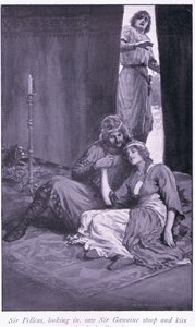 Sir Pelleas, olhando para dentro, viu Sir Gawaine se inclinar e beijar a dama Ettard de William Henry Margetson