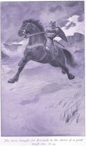 O cavalo trouxe Sir Percivale para as margens de um grande mar agitado de William Henry Margetson