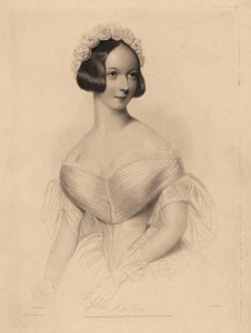 Senhorita Gore. Vestido ombro a ombro com cintura justa, cabelo decorado com uma guirlanda de rosas. Gravura pontilhada de aço por William Henry Mote após uma ilustração de William Drummond de Charles Heath’s English Pearls, or Portraits for the Boudoir, T
