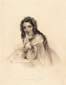 Retrato de Amy. Beleza vestindo um véu sobre cabelo comprido, vestido de ermine-trim off-theshoulder, segurando um colar de pérolas. Gravura de ponta de aço de William Henry Mote após uma ilustração de John Hayter de Charles Heath