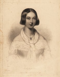 Jovem Rainha Vitória, 20 e poucos anos. Gravura de ponta de aço por William Henry Mote após uma ilustração de William Drummond de Charles Heath