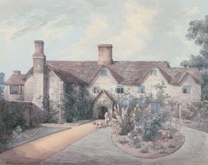 Um, menino, tocando, um, tambor, jardim, de, um, casa rural, 1793, (pen, tinta, com, wc, sobre, grafite, ligado, paper) de William Henry Pyne
