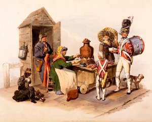 Uma vendedora da Sallop servindo bebidas quentes aquecidas, de "The Costumes of Great Britain", 1808 de William Henry Pyne