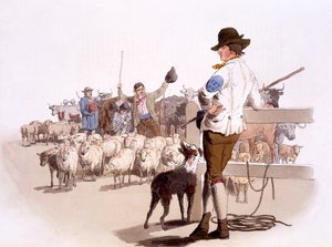 Pastores de ovelhas e gado, de The Costumes of Great Britain, pub. Por Henry Miller, 1805 (impressão colorida à mão) de William Henry Pyne