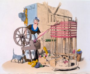Mulher, girando a lã em uma máquina rotativa para fazer novelos, 1808 (aquatint colorido à mão)