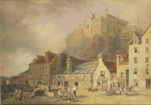 Castelo de Edimburgo do mercado de grama, mostrando o Little West Port, cerca de 1820 (wc e sépia) de William Henry Stothard