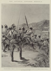 O avanço para Dongola, oficial britânico no comando de um batalhão negro do 11º Regimento Soudanese a ver os seus homens embarcarem em Shellal, no dia 18 de Março (litho)