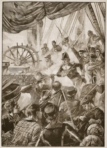 Cerca de trinta membros da tripulação fizeram uma pequena demonstração de resistência, ilustração de "Batalhas do século dezenove", de Archibald Forbes, GA Henty e Major Arthur Griffiths.