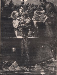 Meninos de Boston disfarçados de índios jogando as caixas de chá no porto em 1773 dC