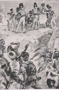 Seguidores de Carmichaels lançaram um voleio no denso aglomerado de homens: Batalha de Bharatpur 1826, ilustração das Batalhas Britânicas na Terra e no Mar, 1915