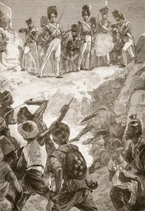 Os seguidores de Carmichael dispararam contra o denso aglomerado de homens à sua frente, ilustração de "Batalhas do Século Dezenove", de Archibald Forbes, GA Henty e Major Arthur Griffiths.