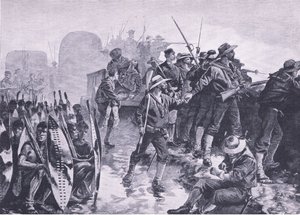 Defendendo um laager contra um ataque de Zulu, ilustração das batalhas britânicas na terra e no mar, 1915