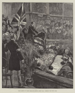 Grande Encontro de Delegados Irlandeses no Albert Hall, aplaudindo a Union Jack