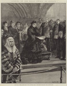 Abertura dos Tribunais Reais de Justiça, o Dais no North End do Central Hall, a Rainha declarando os Tribunais Abertos