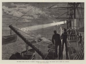 A Frota Britânica no Mar de Marmora, em busca de Barcos Torpedeiros pela Luz Elétrica a bordo do HMS Agincourt de William Heysham Overend